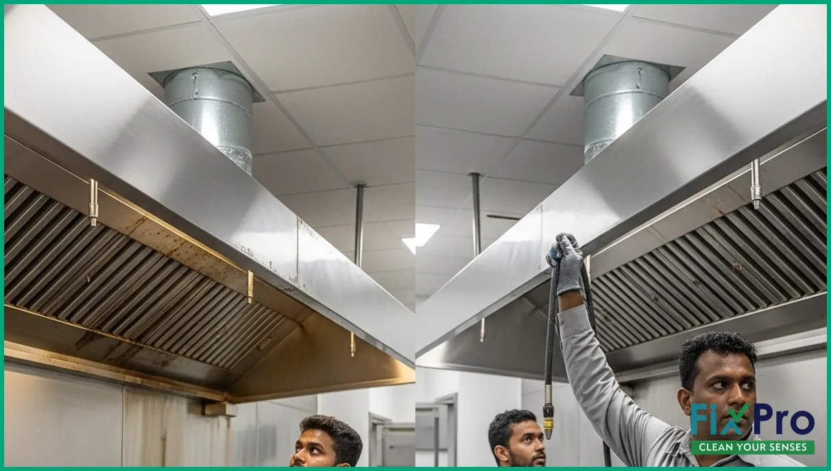 Commercial kitchen exhaust system before and after cleaning