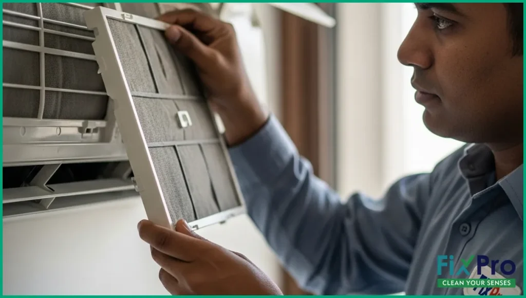 Technician inspecting dusty AC filter