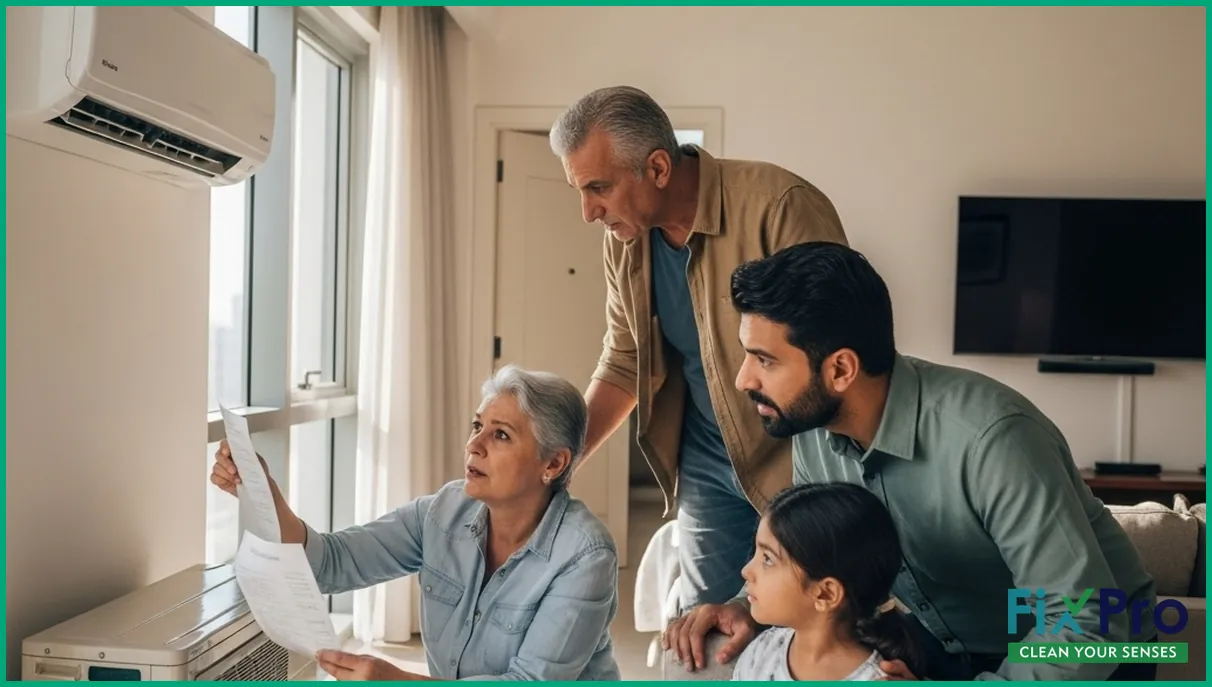 Family checking AC unit with electricity bill