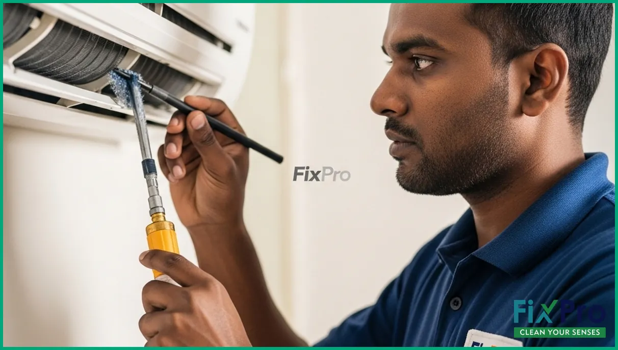 Technician cleaning AC evaporator coil