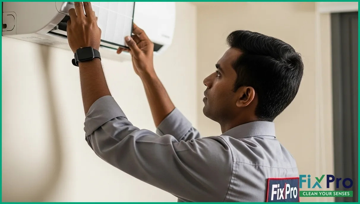 Person changing AC filter in UAE apartment