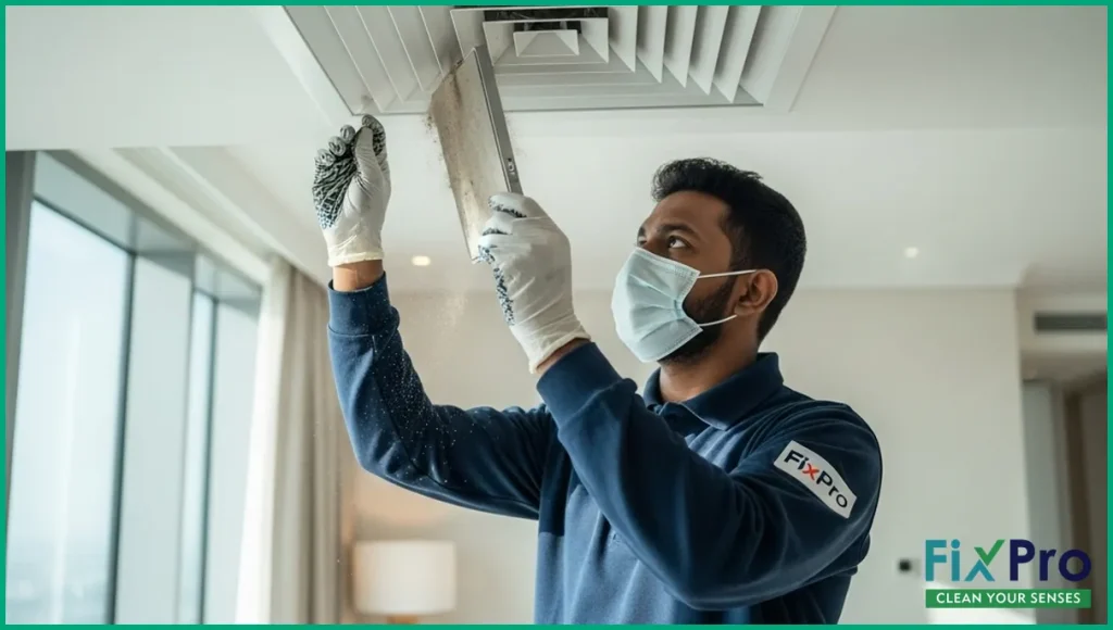 Technician inspecting dusty air duct in bright home