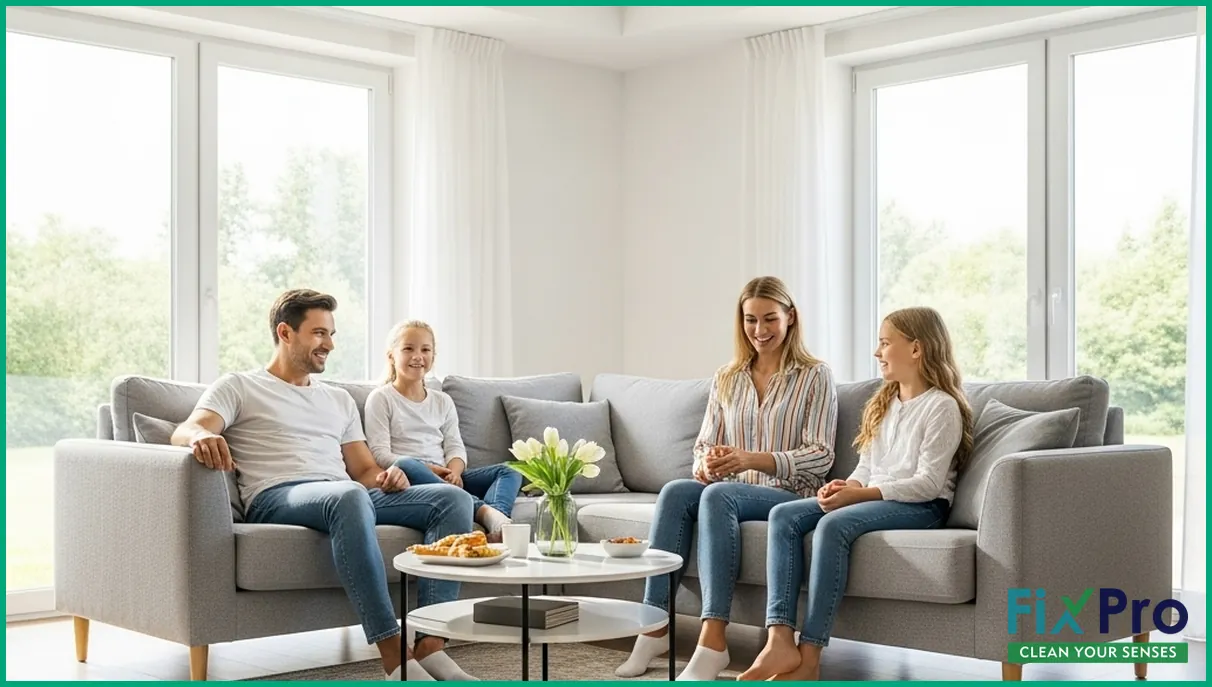Family relaxing in living room with clean air vents