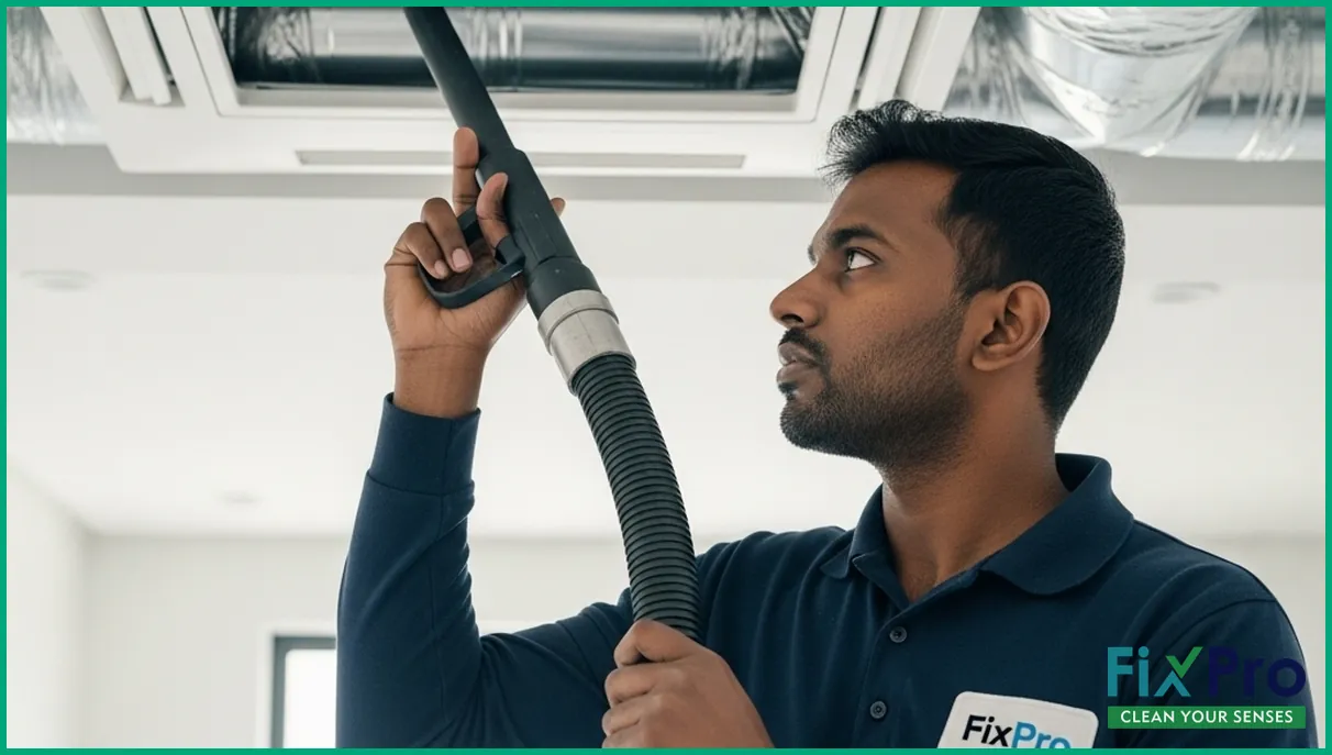 Technician using vacuum hose to clean AC duct