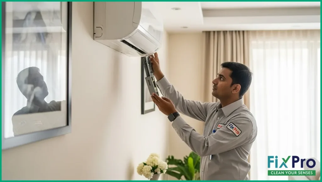 Technician checking AC unit in Abu Dhabi home