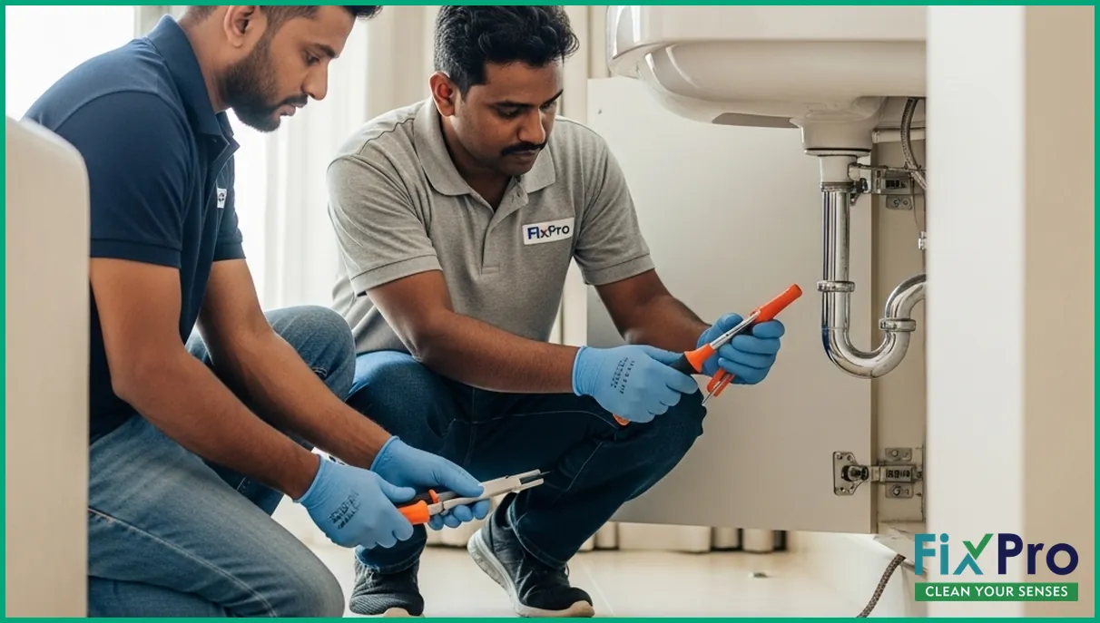 Maintenance team fixing water leak in Abu Dhabi apartment