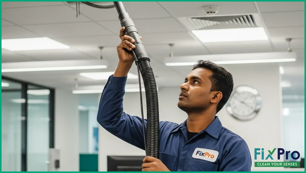 Technician cleaning AC ducts in Abu Dhabi office
