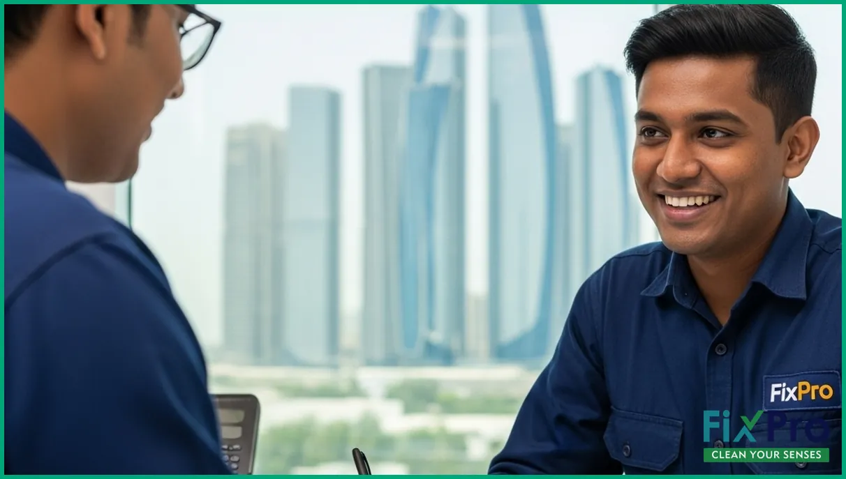 Customer reviewing AMC contract with provider in office
