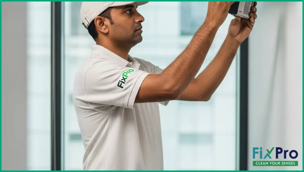 FixPro worker in uniform servicing a wall AC unit in Dubai office