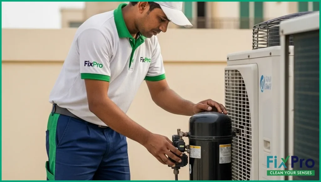 AC technician in FixPro uniform checking outdoor compressor unit in Abu Dhabi