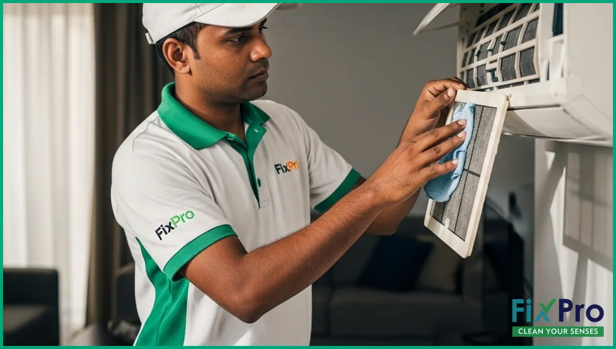 Technician in FixPro uniform cleaning AC filter indoors