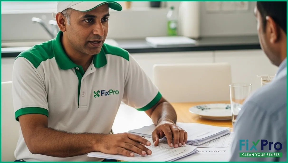 FixPro worker explaining AC contract to UAE resident