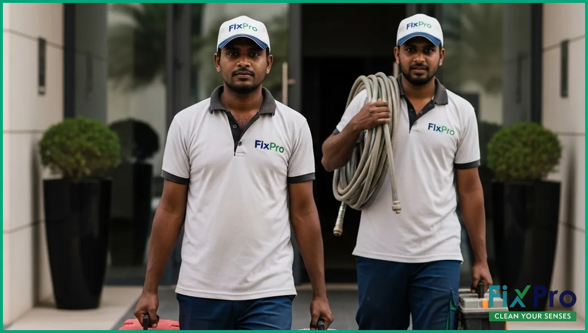 FixPro team arriving at UAE apartment building for AC service