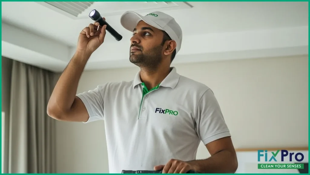 Technician inspecting ceiling air duct with flashlight, FixPro uniform