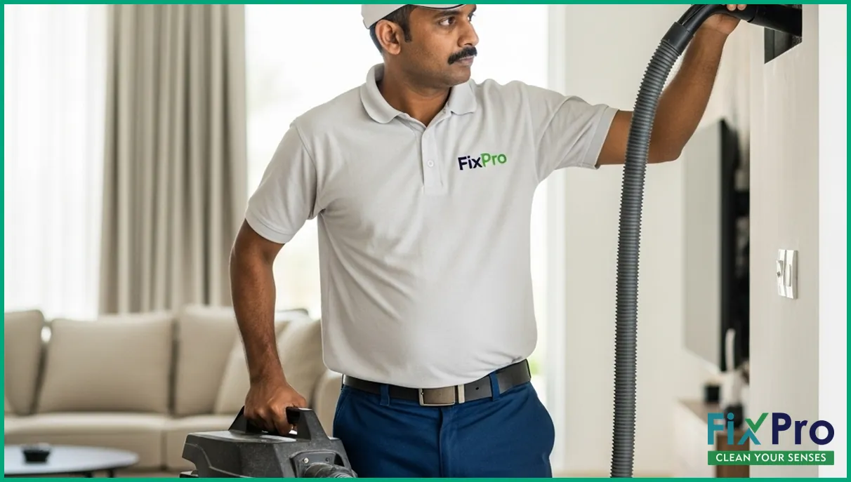 FixPro worker vacuuming air duct with industrial machine
