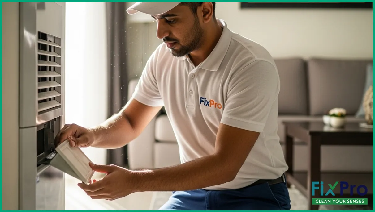 FixPro technician replacing vent filter in bright UAE apartment
