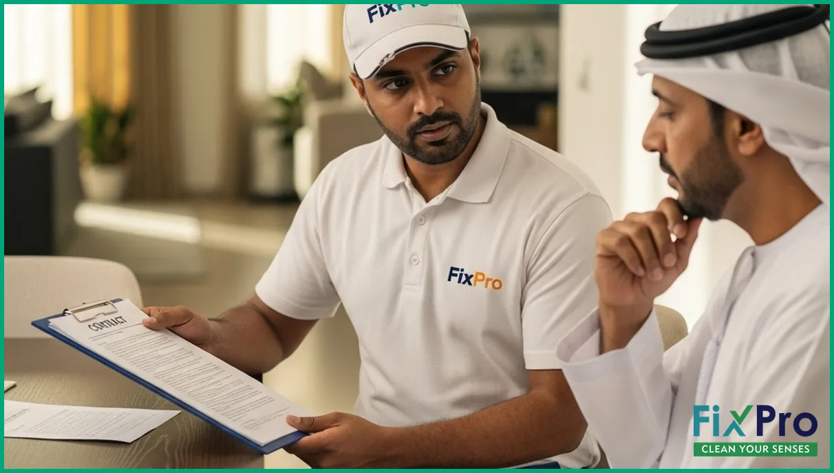 FixPro worker discussing contract with UAE homeowner in villa