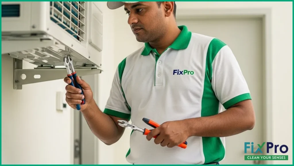 FixPro technician in uniform inspecting an AC unit indoors