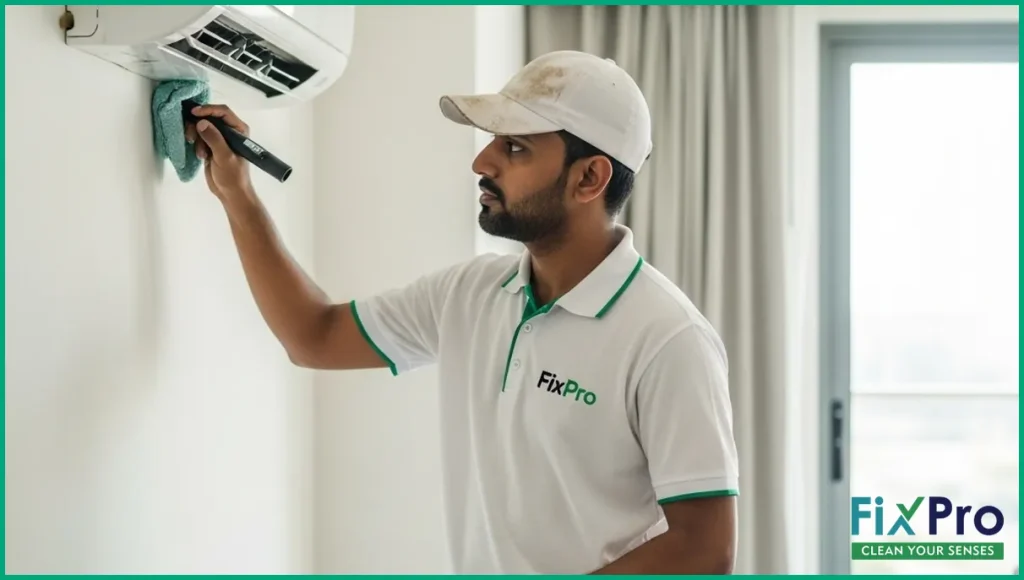 AC technician in FixPro uniform cleaning a wall-mounted split AC unit indoors