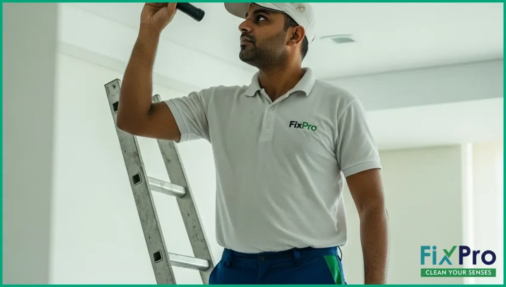 FixPro technician inspecting ceiling ducts with flashlight in Abu Dhabi apartment