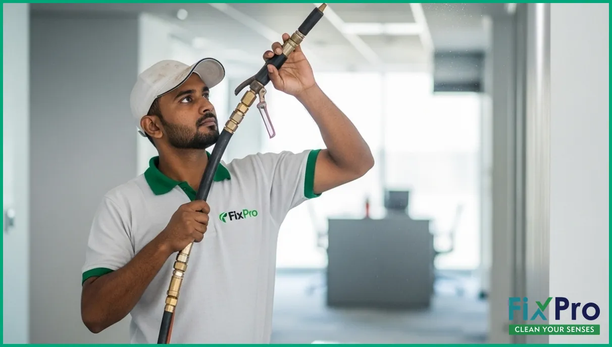 Technician in FixPro uniform cleaning office air duct