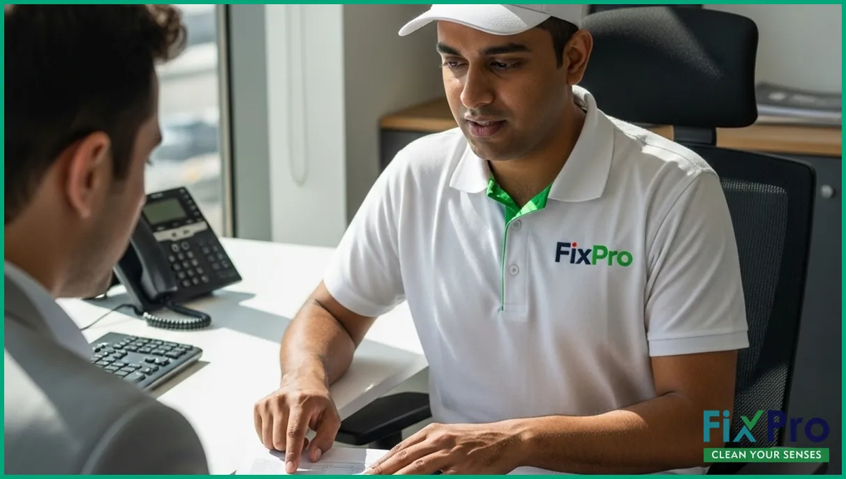 FixPro technician reviewing duct cleaning invoice with business client in office