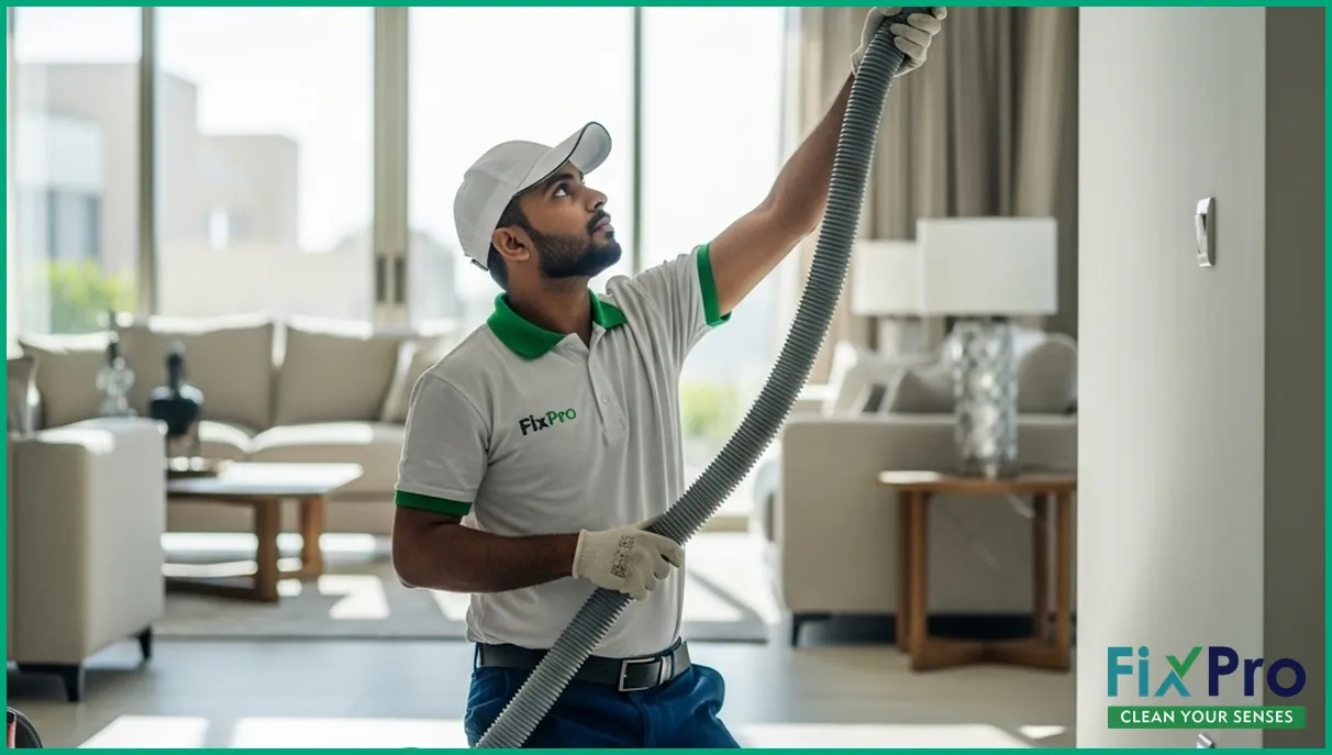 FixPro worker cleaning air duct in upscale UAE villa living room