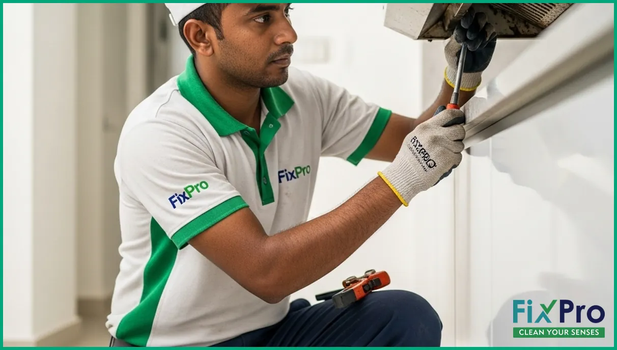 Technician inspecting kitchen exhaust duct in Abu Dhabi villa kitchen