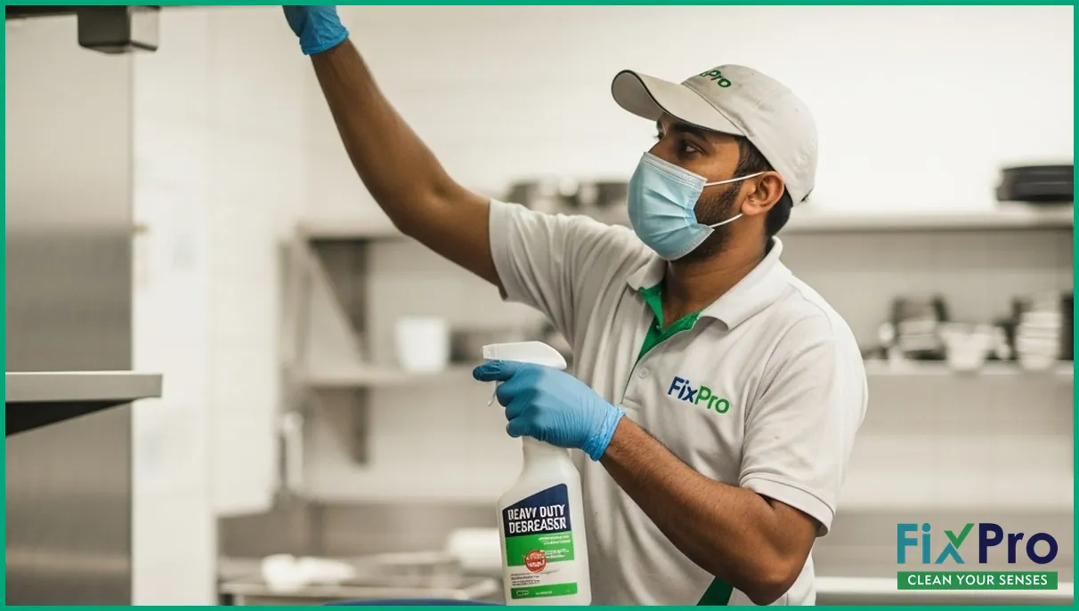 FixPro technician wearing safety gear while cleaning kitchen hood