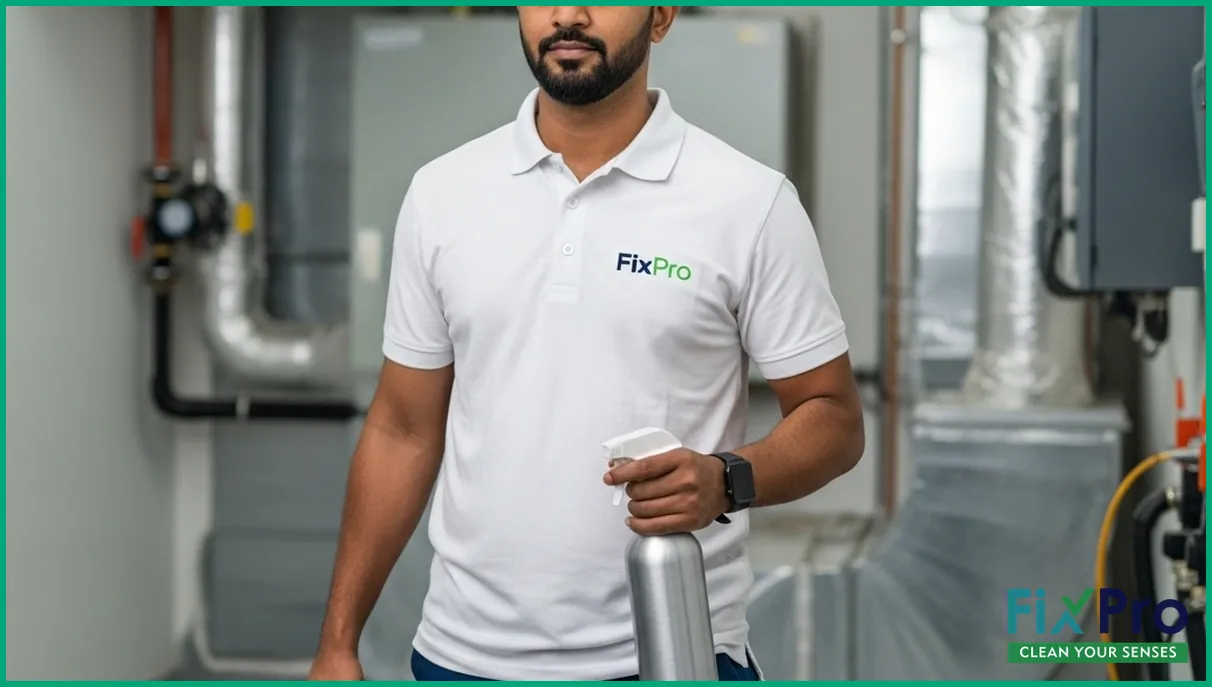 FixPro technician comparing kitchen exhaust and AC duct cleaning tools