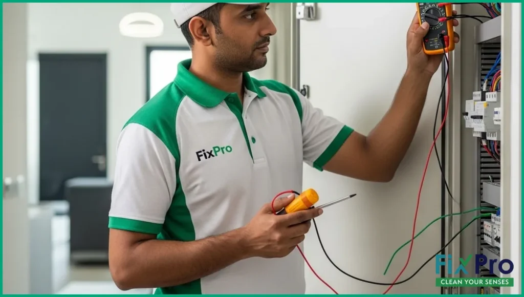 MEP technician in FixPro uniform checking electrical panel in Abu Dhabi apartment