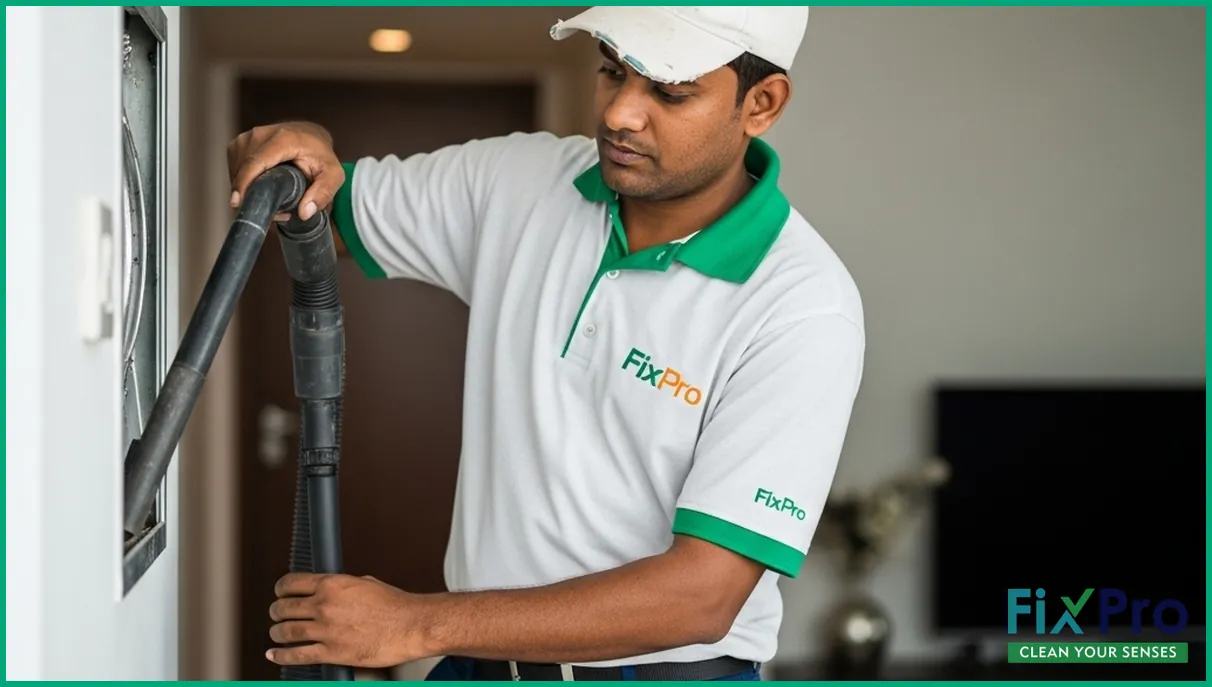 FixPro technician cleaning HVAC ducts in Abu Dhabi villa living room