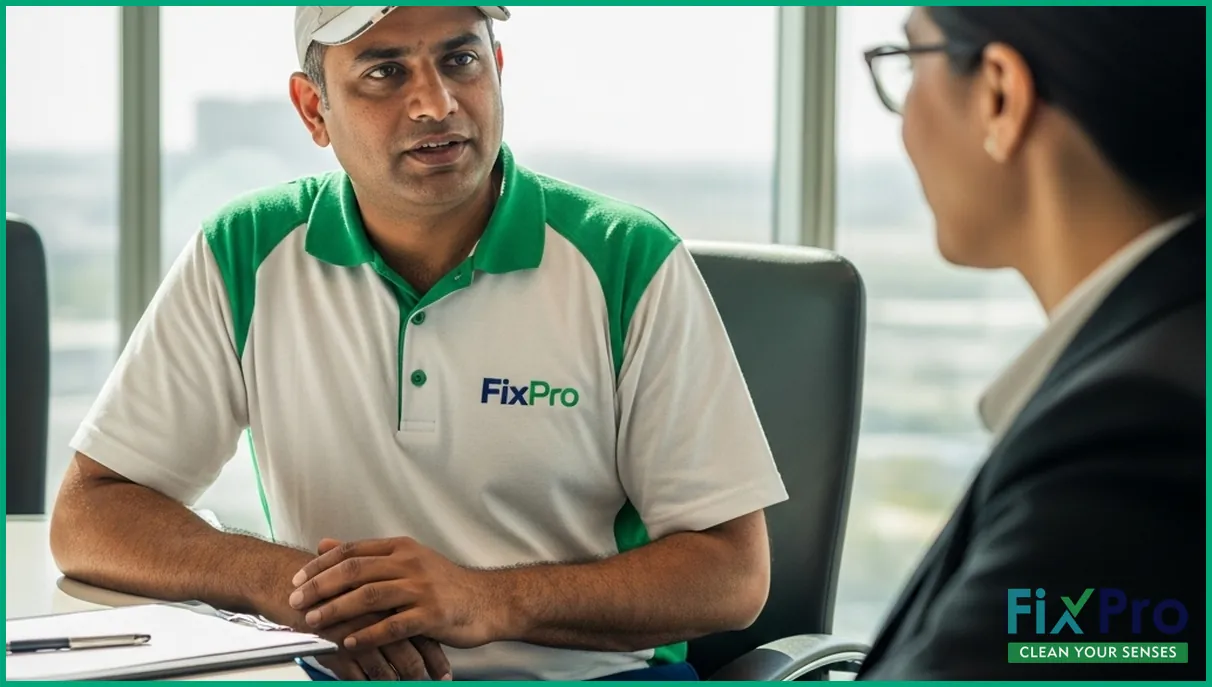 FixPro supervisor in uniform discussing maintenance plan with property manager in Abu Dhabi office