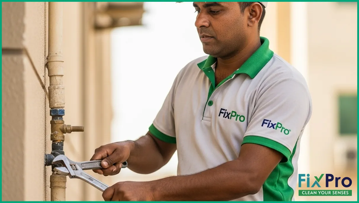 FixPro technician using wrench on building water pipe, outdoor Abu Dhabi setting