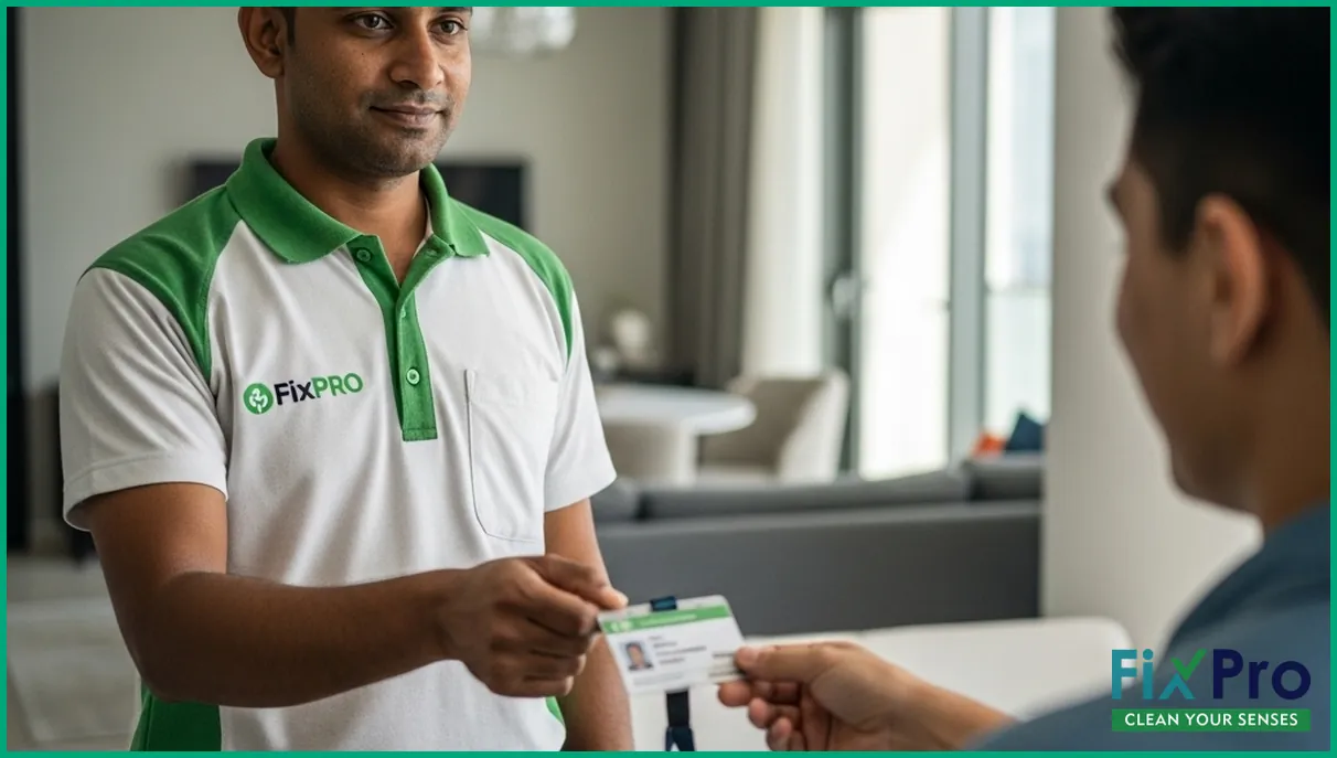 MEP technician in FixPro uniform showing credentials to client in Abu Dhabi apartment