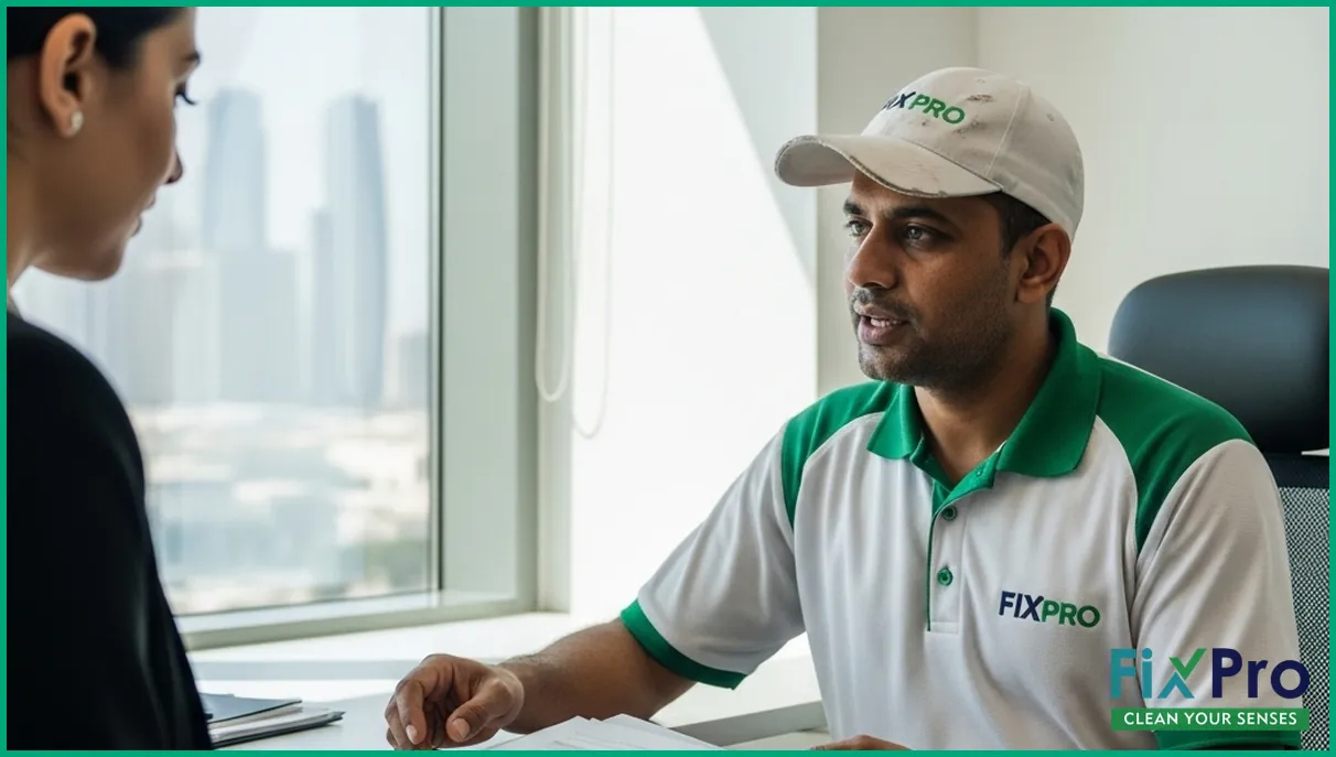 FixPro technician discussing maintenance plan with property manager in Abu Dhabi office
