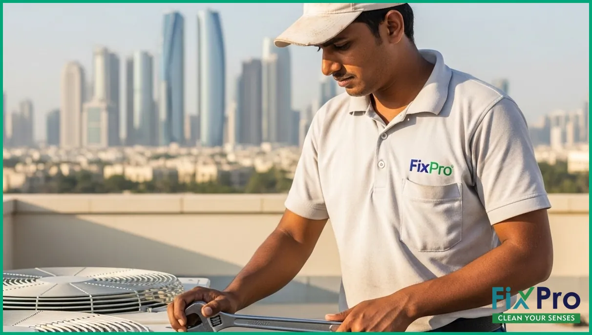 FixPro MEP technician using wrench on AC unit on Abu Dhabi rooftop