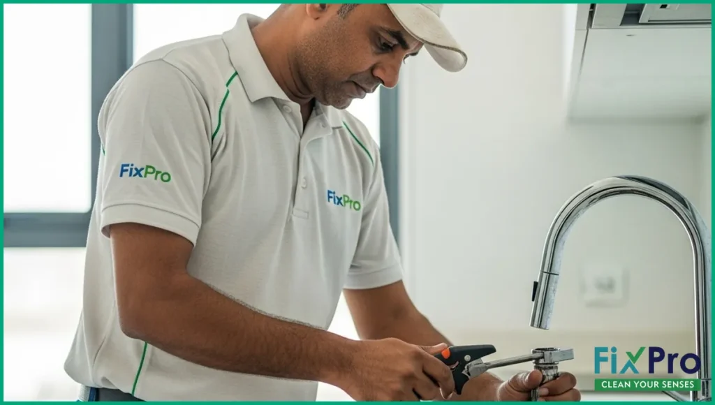 FixPro technician repairing kitchen faucet in new UAE apartment