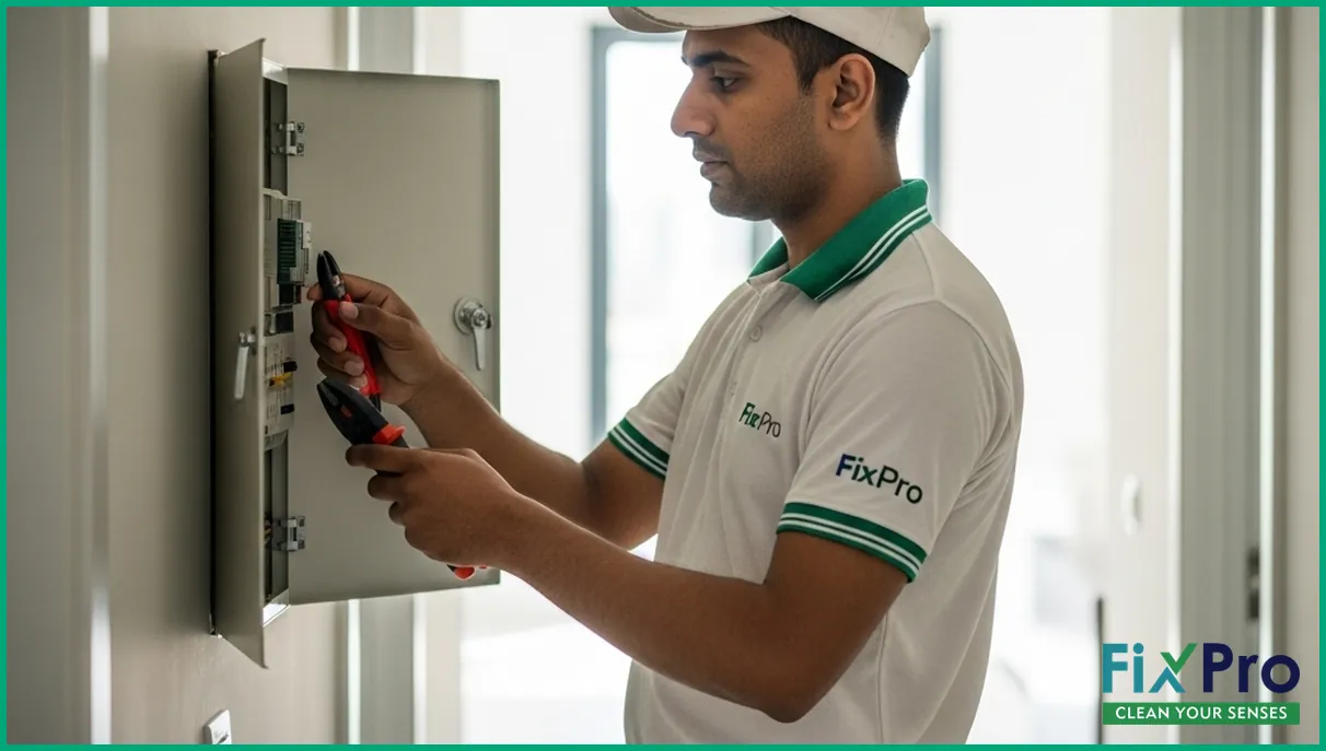 FixPro worker inspecting electrical panel in UAE villa hallway