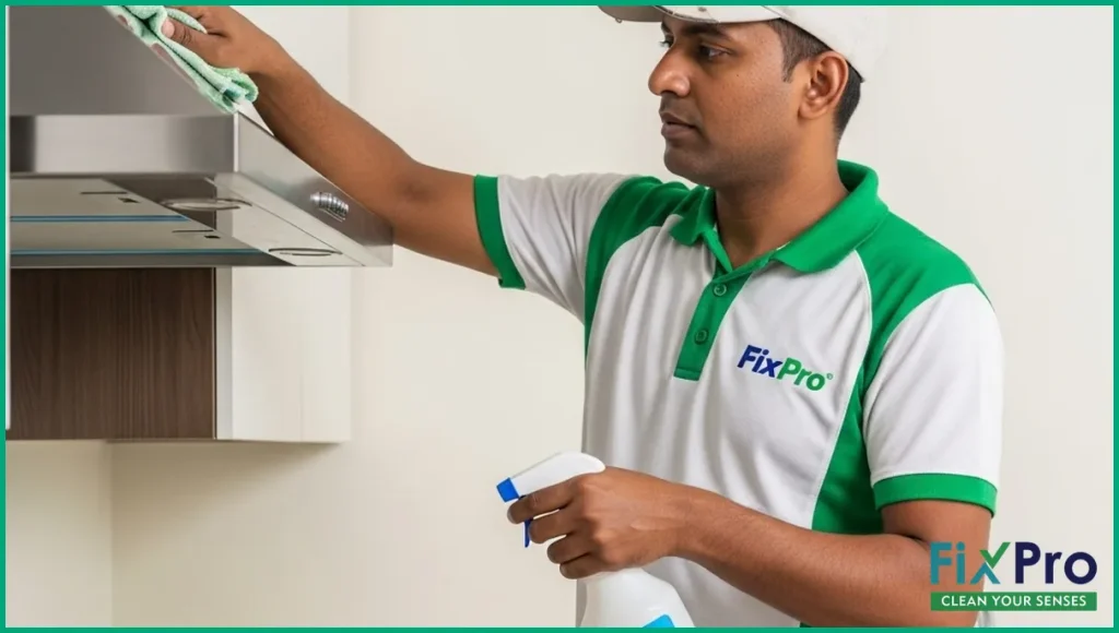 Worker in FixPro uniform cleaning kitchen hood in UAE home