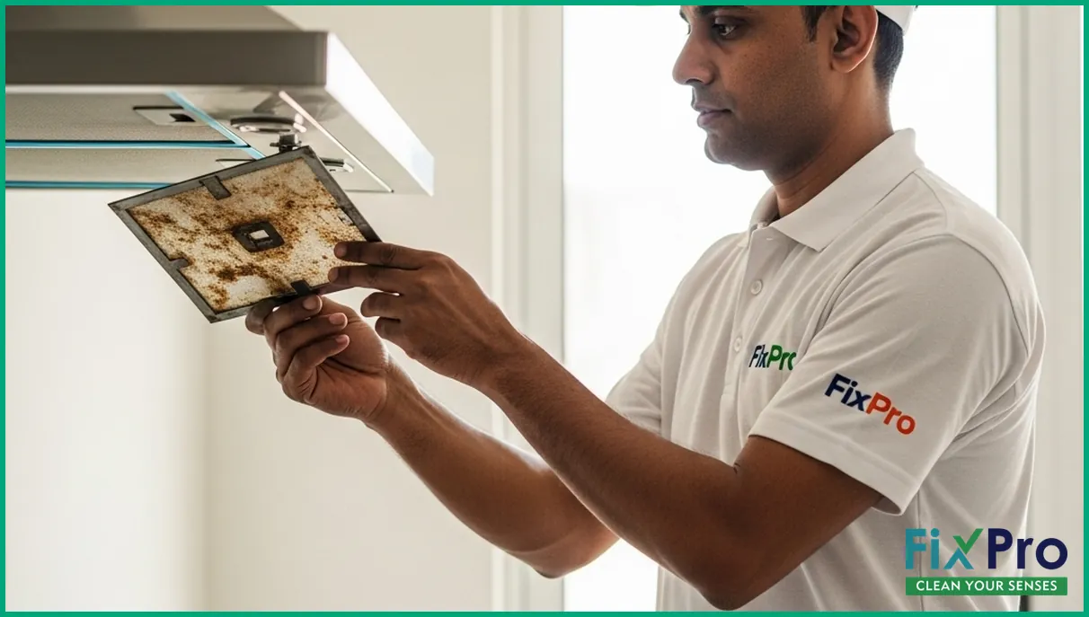 FixPro worker removing kitchen exhaust filter in daylight