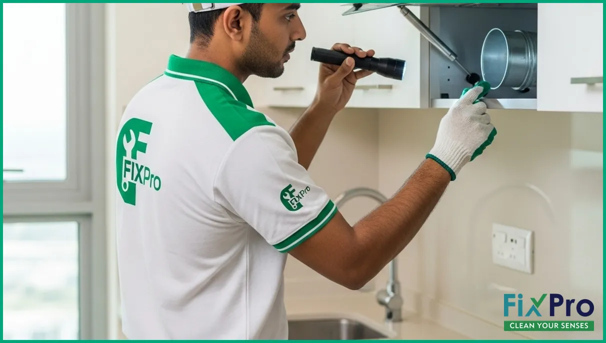 FixPro technician inspecting kitchen exhaust duct in UAE flat