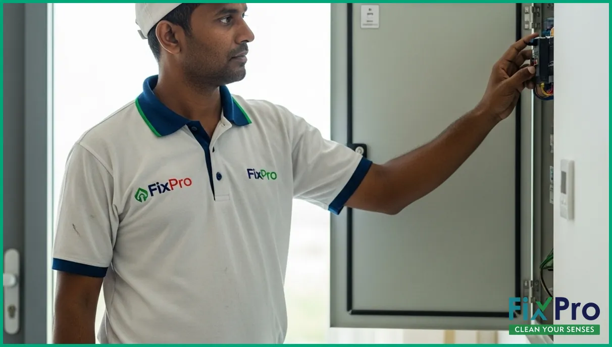 South Asian worker inspecting electrical panel in UAE home