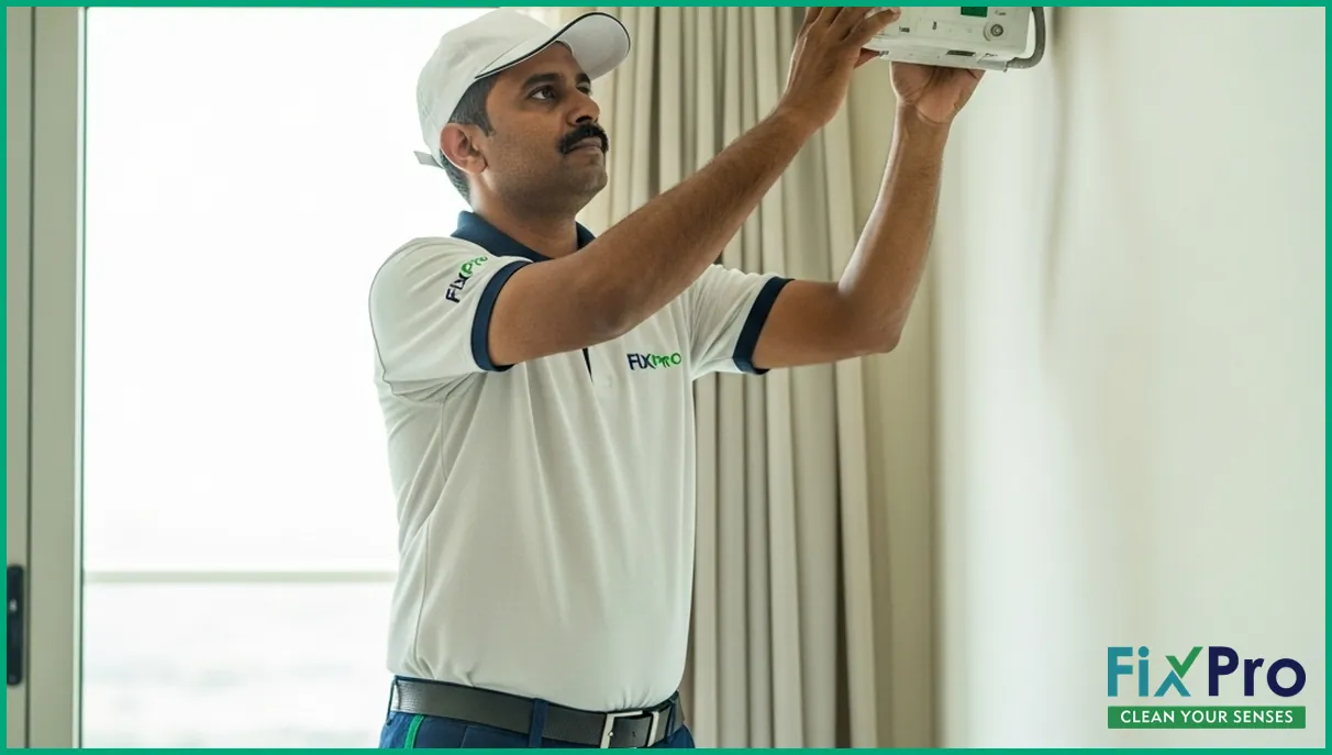 FixPro worker servicing air conditioning unit in UAE apartment