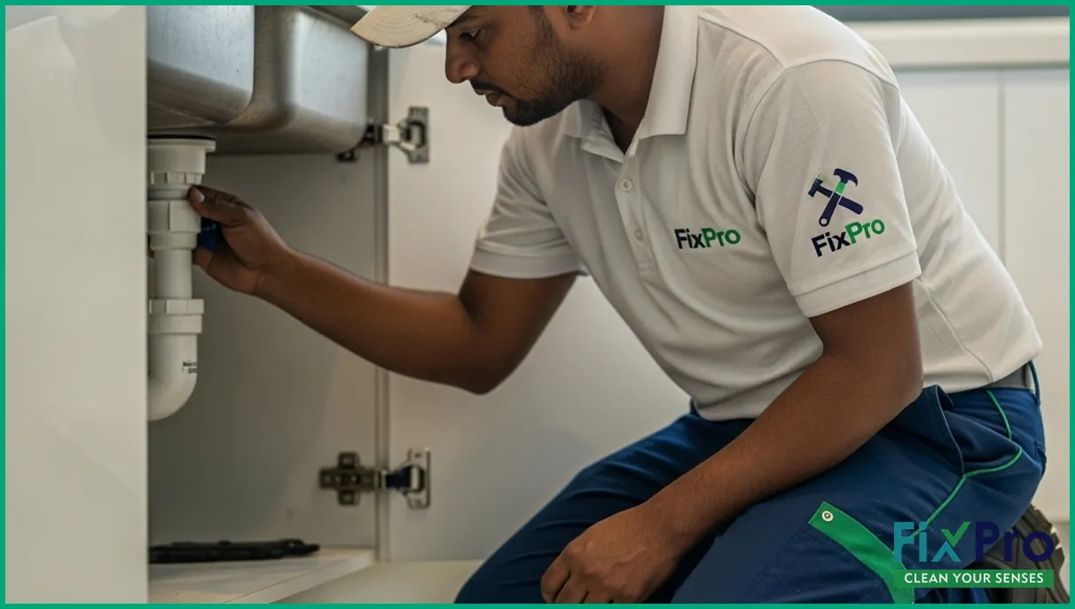 FixPro technician checking kitchen plumbing under sink in UAE villa