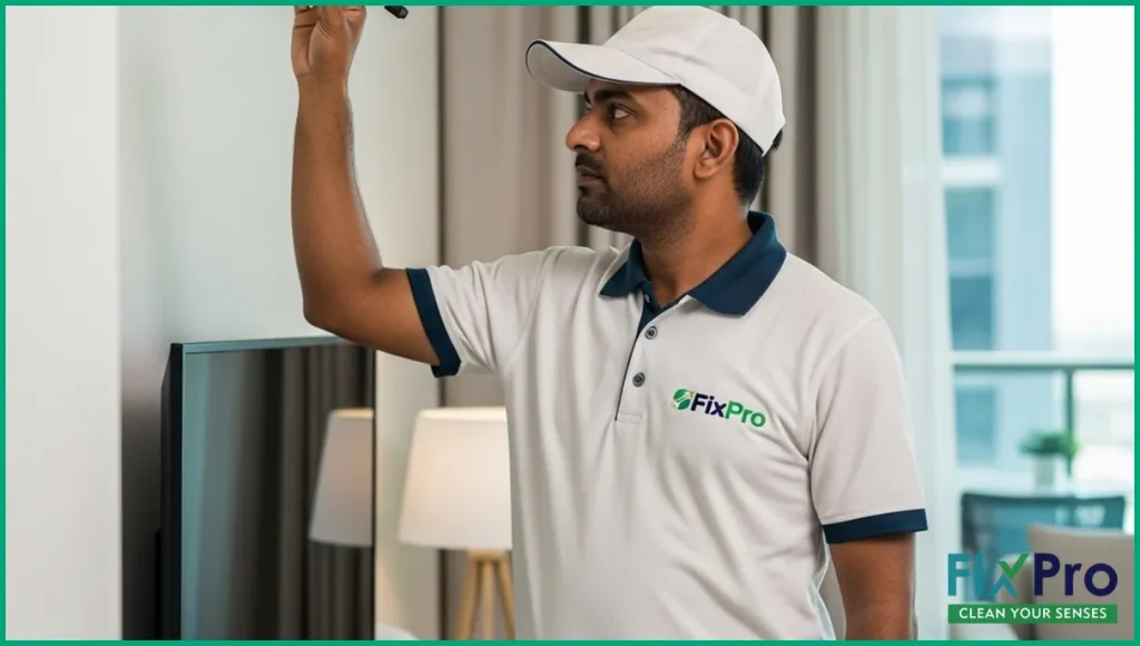 AC technician in FixPro uniform inspecting vent indoors