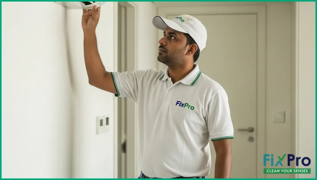 Technician in FixPro uniform inspecting AC unit indoors