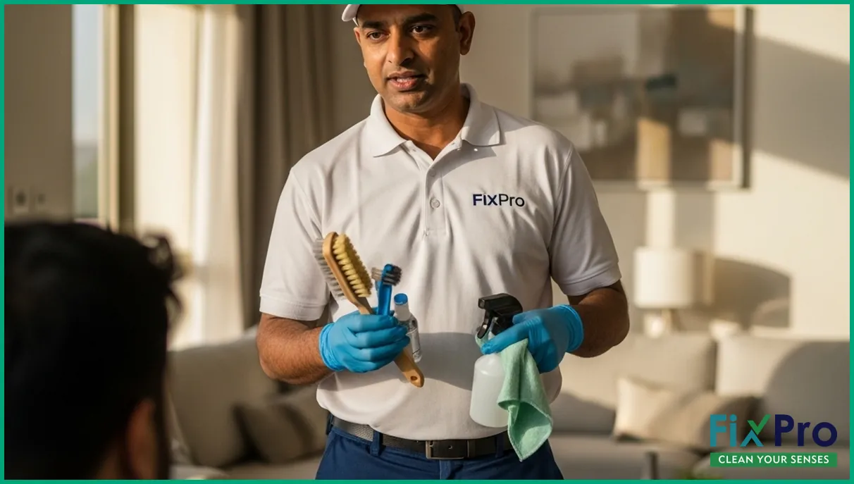 FixPro worker showing AC cleaning tools to customer in UAE villa