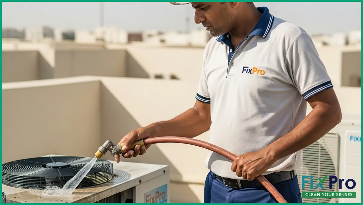 FixPro technician cleaning AC coils with hose on rooftop