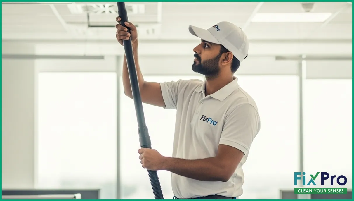 AC technician in FixPro uniform using vacuum on ceiling duct